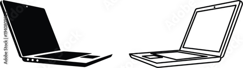 Laptop computers side by side comparison black and white isolated on transparent background, Vector