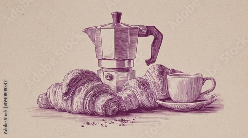 Elegant Hand Drawn Croissants and Espresso Maker Design Suitable for Premium Cafe Decor With Balanced Composition and Soft Purple Color Scheme