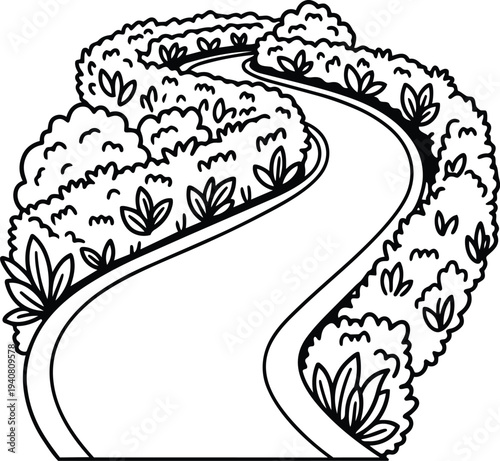 Line art winding garden path with trimmed hedges and leafy borders viewed from low angle black and white vector illustration