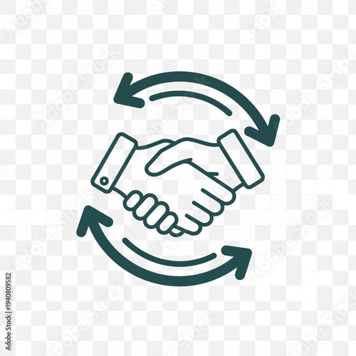 Vector icon of a business handshake surrounded by circular arrows, symbolizing agreement, collaboration, and a continuous partnership or successful exchange