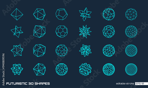 Futuristic 3D shapes set. Abstract geometric wireframe elements. Sphere, polyhedra and complex structures. Vector mesh design for tech, science, cyberpunk and retro-futurism. Trendy graphic background