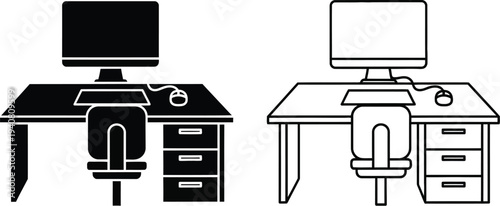 Office workspace desks with computers and chairs isolated on transparent background, Vector