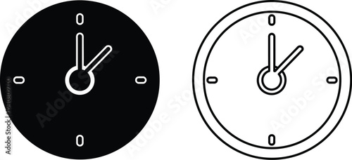 Clocks face black and white line art illustration isolated on transparent background, Vector