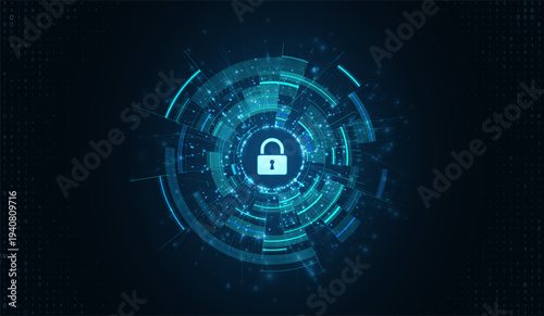 Cyber security technology background. Digital lock icon protects data, information. Abstract network virus defense concept. Online safety, privacy, global business solutions. Futuristic system design