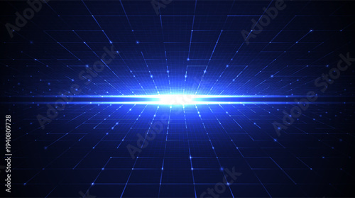 Futuristic grid background with light burst. Abstract digital tunnel for high-speed data flow, cyber space and virtual reality. Modern tech network concept for AI, internet and business innovation