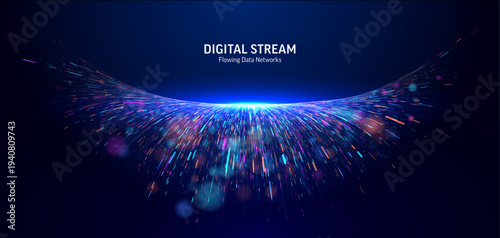 Panoramic digital stream. Abstract multi-color particle wave. Futuristic network connection for big data, AI, high-speed information, global communication and innovation. Light flow background concept