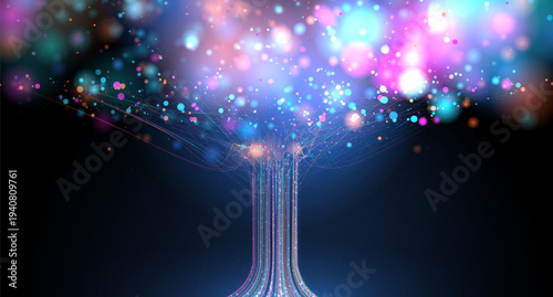 Futuristic data tree with glowing multi-color particles. Neural network, AI, big data science concept. Digital technology for information growth, analysis system, modern business and innovation design