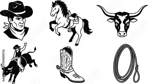 Silhouette western icon set cowboy head horse rearing bull rider boot and lasso close up flat vector art studio isolated