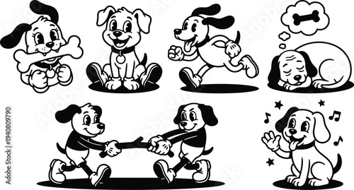 Retro cartoon dog vector sheet with playful puppies in various poses running sitting sleeping tug of war waving smiling front