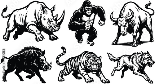 Tattoo flash dynamic three quarter view aggressive animal pack set rhino gorilla bull boar tiger wolf in charging poses vector