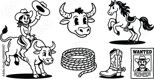 Retro cartoon vector rodeo set close up cowgirl riding bucking bull waving hat with lasso rope boot horse wanted poster