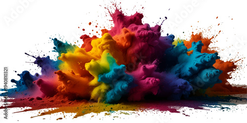 Colorful rainbow powder splash explosion with soft smoke clouds isolated on transparent background wide panorama for holi festival themed artwork
