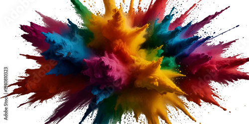 Vibrant holi paint powder explosion with rainbow smoke clouds isolated on transparent background for festive design, celebration art, and creative use
