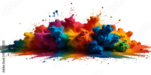 Abstract rainbow holi powder explosion with colorful smoke clouds isolated on transparent background for modern festival design and visual effects