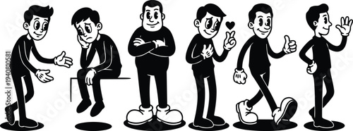 Vintage cartoon character set showing varied emotions poses from greeting to sad to confident to in love walking and waving