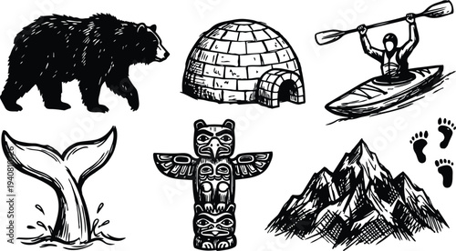 Line art vector set of north pacific wilderness icons including walking bear totem igloo kayaking paddler whale tail mountain footprints
