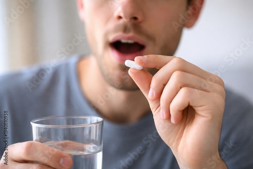 man taking medication with water, Young caucasian man holds pill near mouth and glass of water in hand. Close up indoor scene showing medication intake. Healthcare, treatment, pharmacy and illness rec