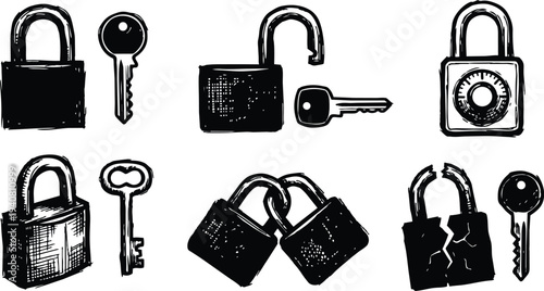 Hand drawn sketch of multiple padlocks and keys showing locked unlocked broken and paired arrangements isolated vector black line ink