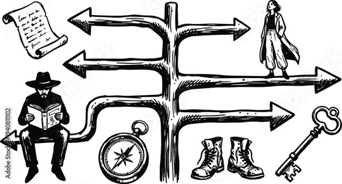Line art vintage ink directional signpost with multiple arrows compass boots key reader sitting reading book woman standing looking away