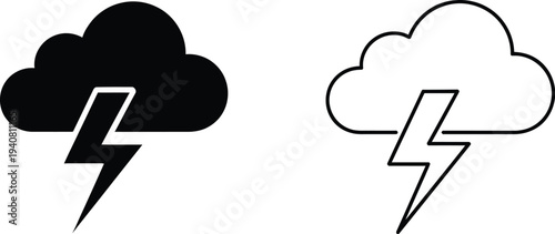 Weather icons of storm clouds with lightning bolts isolated on transparent background, Vector