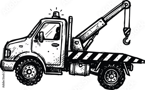 Hand drawn sketch tow truck with crane hook side view striped flatbed black ink vector transport vehicle emergency service illustration