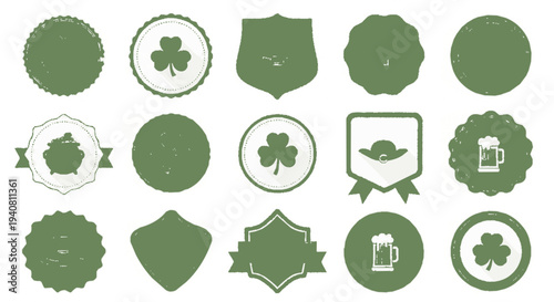 St patrick's day badges with shamrocks beer mugs and irish symbols in green on white background