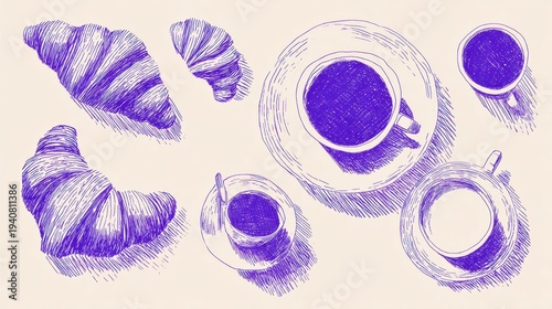 Coffee and Croissants Illustrated With Bold Lines on a Clean Background for Scandinavian Cafe Decor