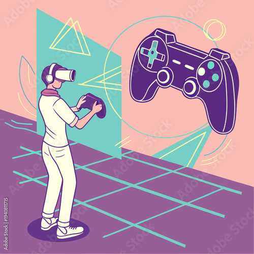 Isometric Vector of Person Playing Immersive Virtual Reality Game with VR Headset and Controller in Metaverse Environment