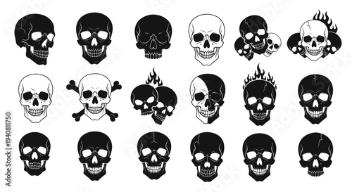 Collection of Hand-Drawn Skull Illustrations, Gothic and Macabre Art
