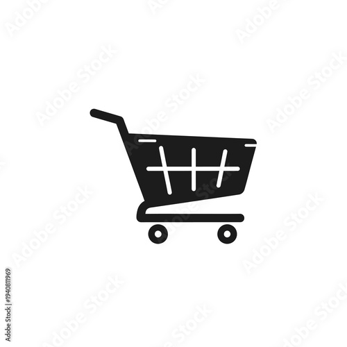 Black shopping cart icon, representing e-commerce, online shopping, and retail activities on a white background