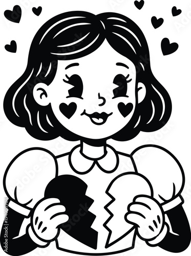 Tattoo flash up of smiling girl with short bob holding a broken heart looking at viewer with heart cheek marks