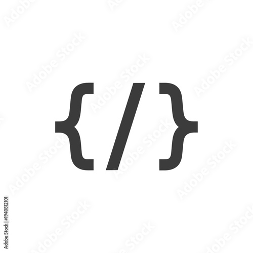 Minimalist dark grey icon depicting curly braces and a slash, symbolizing programming, data logic, and digital development concepts for software interfaces and web applications