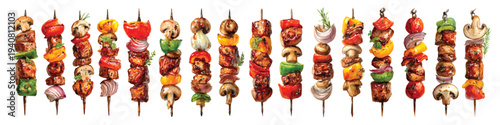 Watercolor set of grilled meat skewers BBQ Kebabs with vegetables, isolated on transparent background