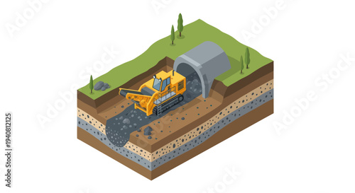 Illustration of a tunnel boring machine excavating soil and rock to construct an underground passage.