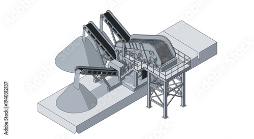 Isometric illustration of an industrial material processing plant with conveyor belts and piles of material.