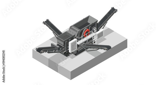 Isometric illustration of a heavy-duty industrial crushing machine set on a concrete foundation, showcasing its complex mechanical components and conveyor belts.