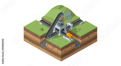Isometric illustration of a gold mine with conveyor belts, processing tower, and extracted gold bars on a train.