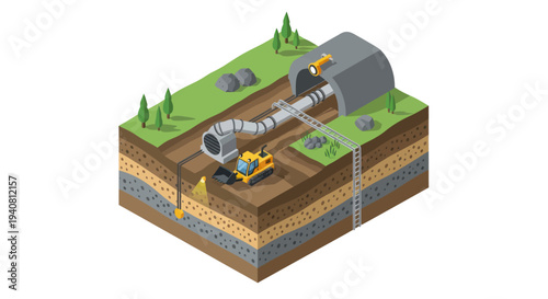 Isometric illustration depicting underground tunnel construction with heavy machinery and pipe laying.