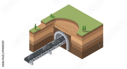 Cross-section view of a tunnel construction project showing excavation and conveyor belt system for material removal.
