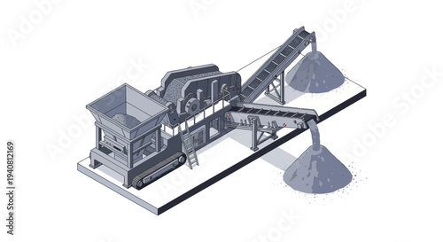 Isometric illustration of a heavy-duty industrial crushing machine processing materials on a conveyor belt system.
