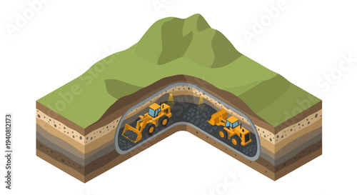 Isometric illustration depicting the construction of an underground tunnel with excavators working on both ends.