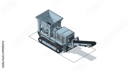 3D rendering of a compact tracked mobile crushing machine with a hopper and conveyor belt, isolated on a white background.