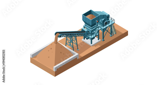 Isometric illustration of an industrial crushing and screening plant for processing aggregate materials.