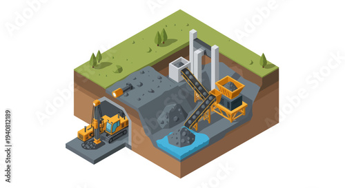 Isometric illustration of an open-pit mine with excavators, conveyor belts, and processing machinery, showcasing the extraction and initial processing of raw materials.
