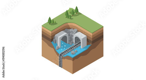 Isometric view of a cross-section showing a railway tunnel emerging from a hillside with water flowing through it.