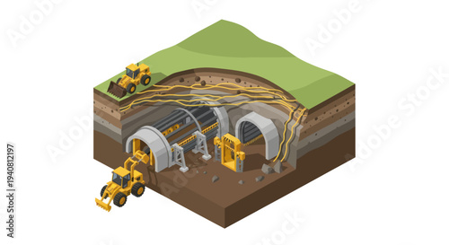 Cross-section illustration of tunnel construction showing excavation, support structures, and machinery at work underground.