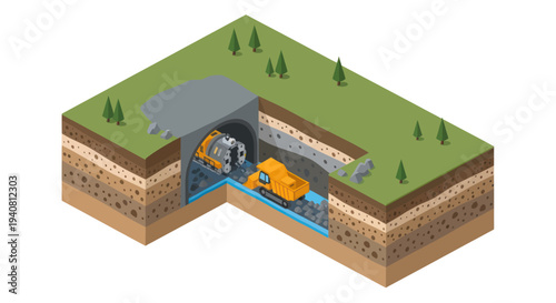 Isometric illustration of a tunnel boring machine and an excavator working on an underground construction project.