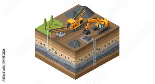 Isometric illustration of a coal mine with excavators and layered earth, showcasing the extraction process.