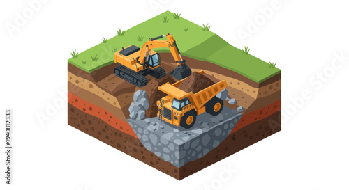 Isometric illustration of an excavator loading rocks into a dump truck at a construction site, showing layered earth and excavation.