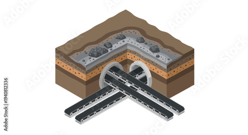 Isometric illustration depicting underground tunnel construction with multiple intersecting pathways and layers of soil and rock.